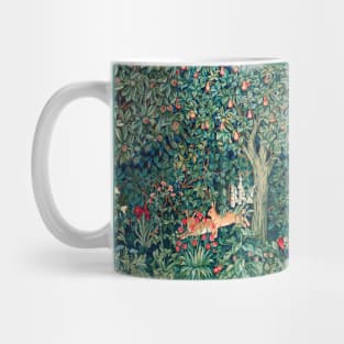 GREENERY, FOREST ANIMALS Hares Blue Green Red Floral Tapestry Mug